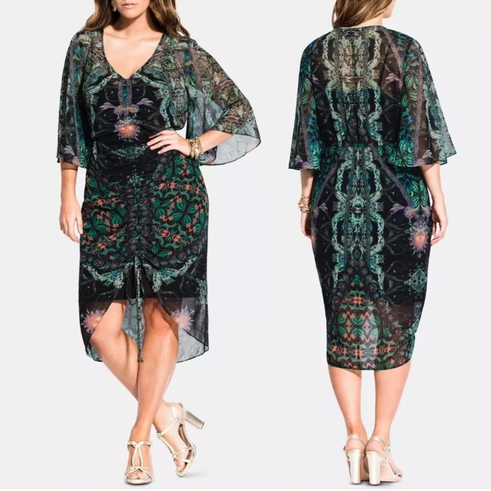 City Chic Santorini Green Cinched Drawn Up Dress Plus Size 16 S Chiffon Printed